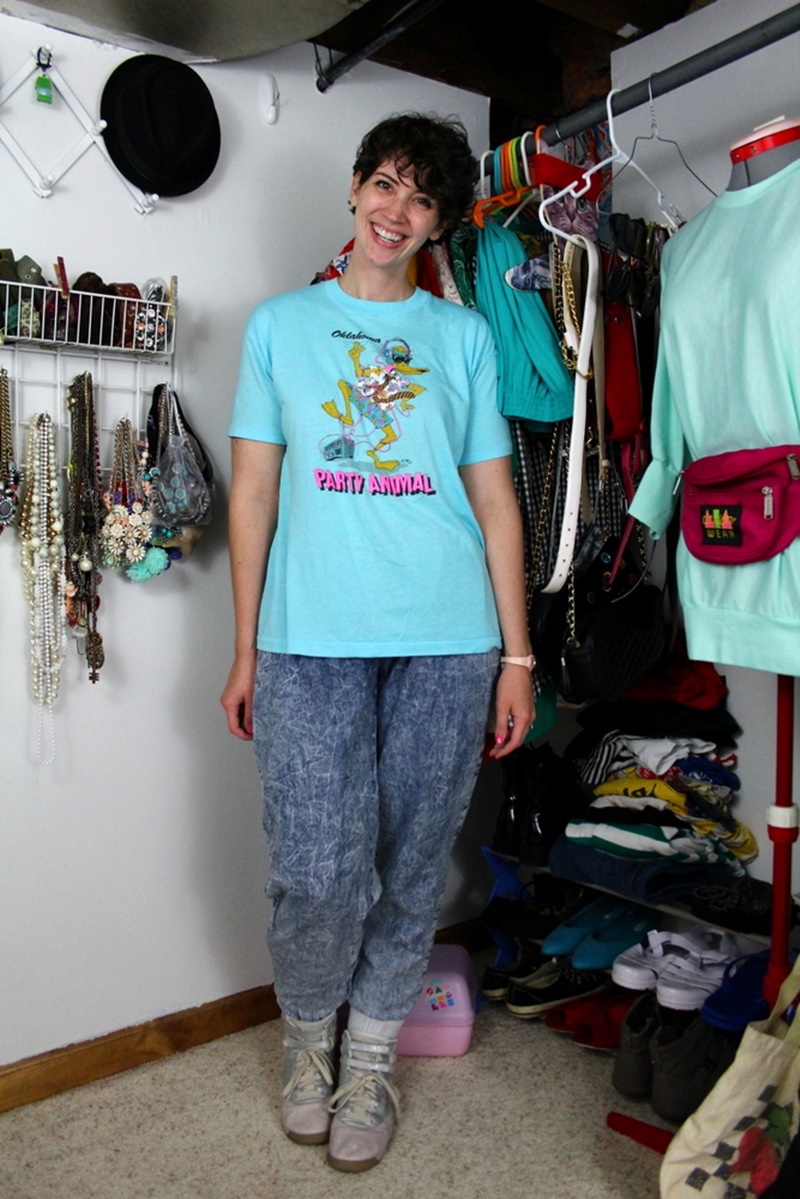 What Casual Looked Like In The 1980s | #LiveFromThe80s | theoutfitrepeater.com 1980s casual outfit acid washed denim jeans, neon blue party animal t-shirt, back to the future sneakers, vintage closet, pink swatch watch, hannah rupp, the outfit repeater