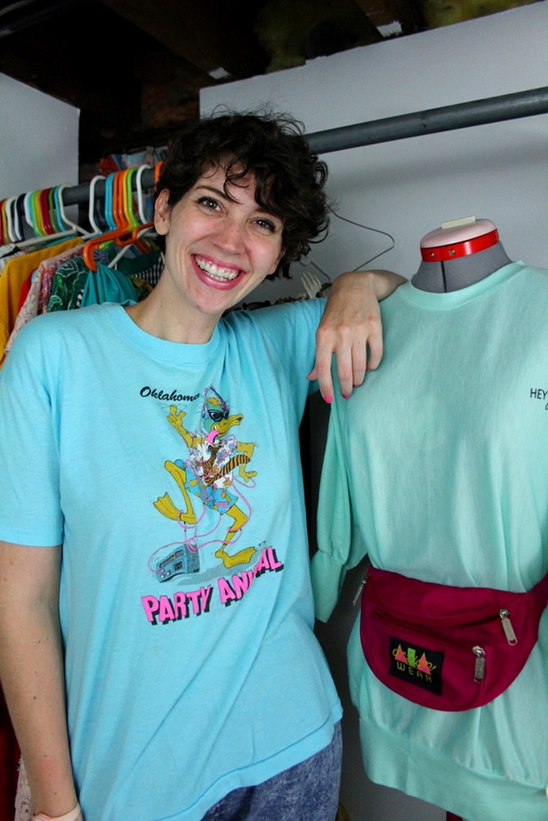 1980s casual outfit acid washed denim jeans, neon blue party animal t-shirt, back to the future sneakers, vintage closet, pink swatch watch, hannah rupp, the outfit repeater