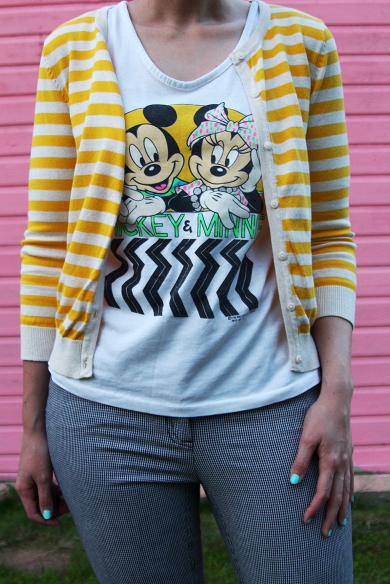 how to style houndstooth pants outfit unexpected pattern mixing yellow striped H&M cardigan, vintage minnie and mickey mouse graphic tshirt, curly hair, YSL fuchsia lipstick, black walmart flats