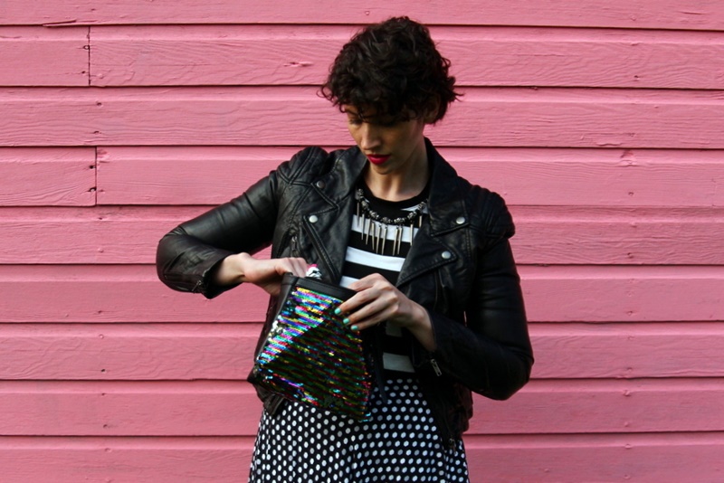 fall fashion outfit details pattern mixing H&M leather jacket thrifted thred-up girl gang baddie sequin clutch pink YSL lipstick pink wall summer