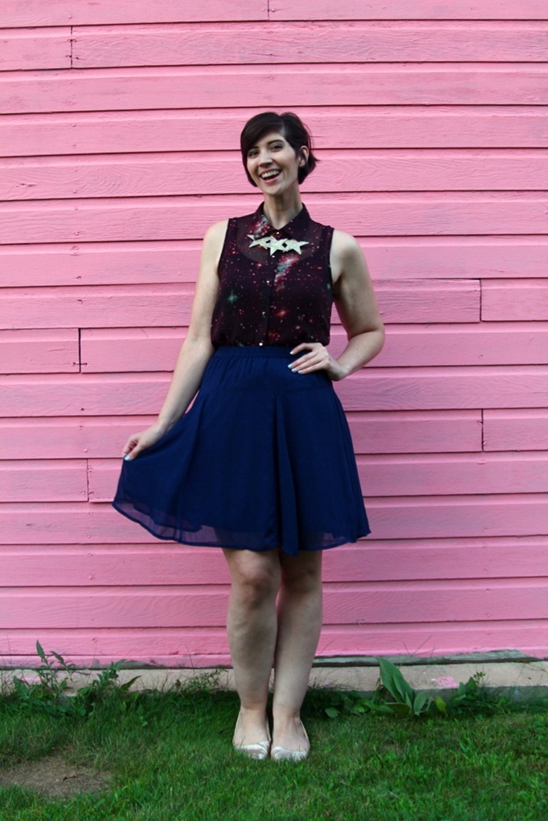 An Out of This World Outfit | theoutfitrepeater.com solar eclipse 2017 outfit Galaxy print shirt, navy blue skirt, gold glitter flats, DIY star statement necklace