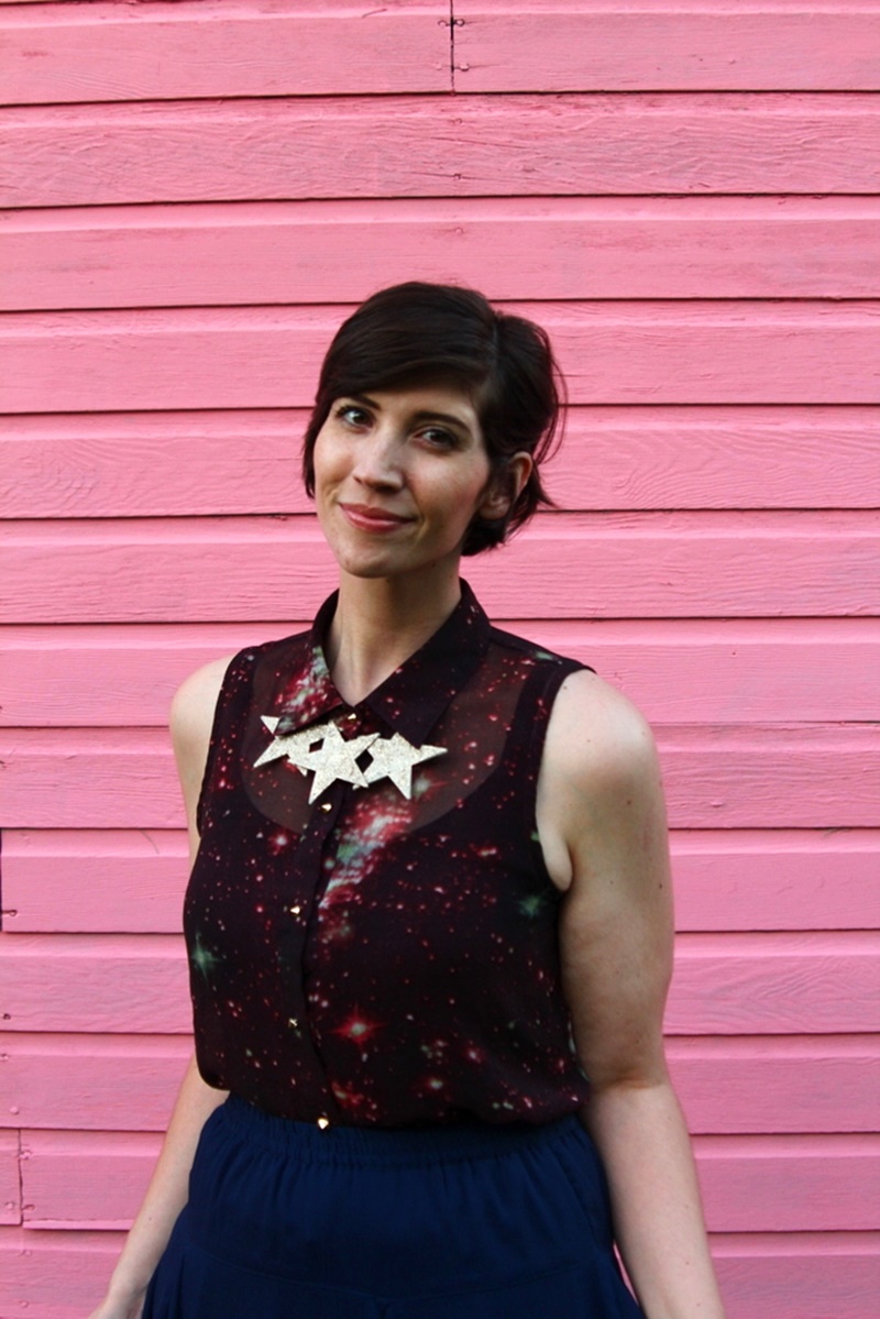 solar eclipse 2017 outfit Galaxy print shirt, navy blue skirt, gold glitter flats, DIY star statement necklace