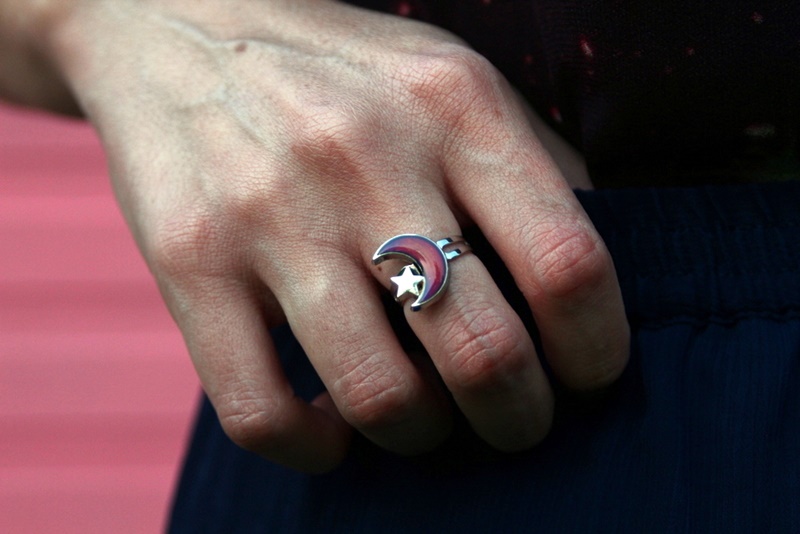 solar eclipse 2017 outfit Galaxy print shirt, navy blue skirt, gold glitter flats, DIY star statement necklace