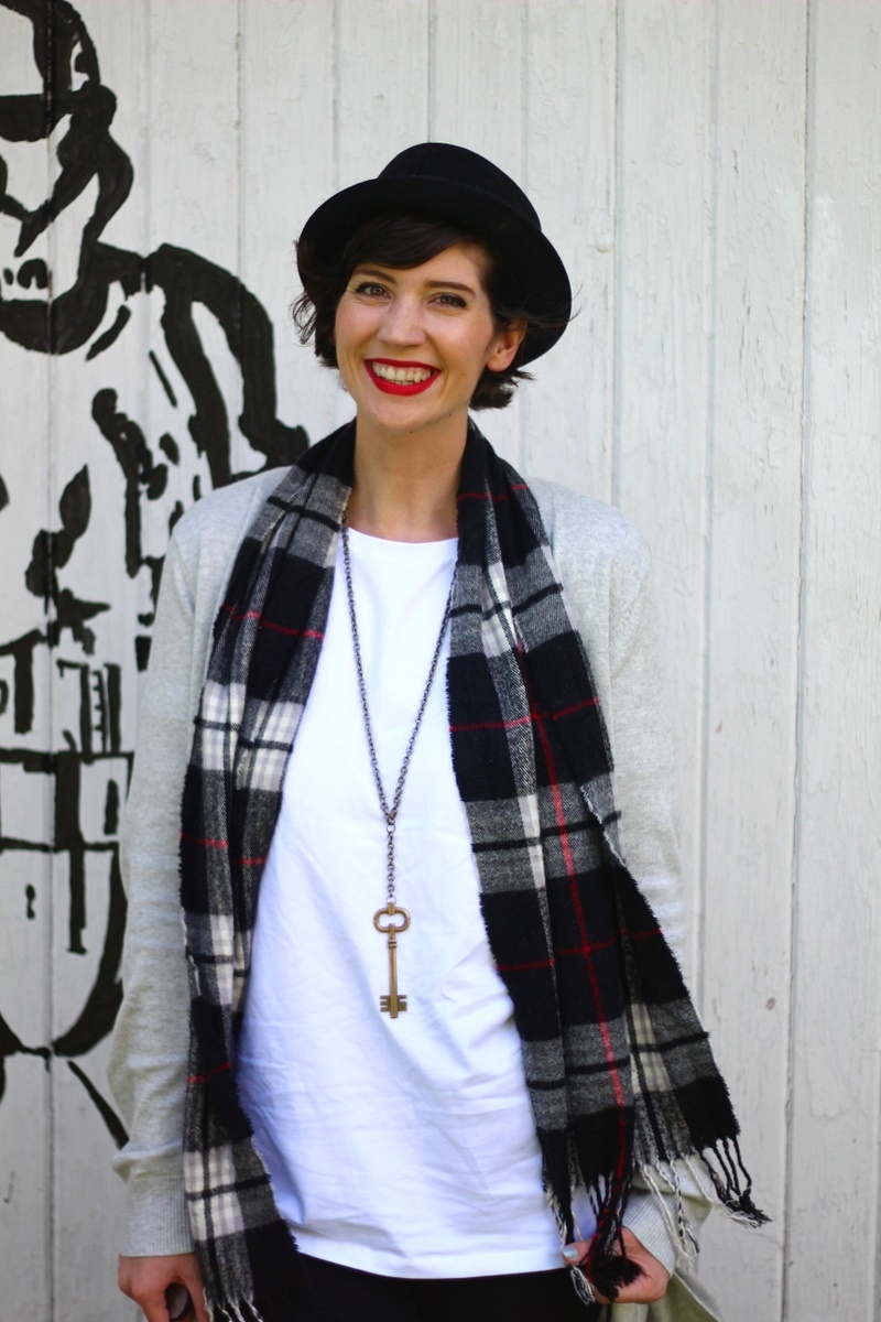 star wars outfit long tall sally review Plain white tee, longline cardigan, black jeggings, pork pie hat, MAC Ruby Woo lipstick, gray ballet flats