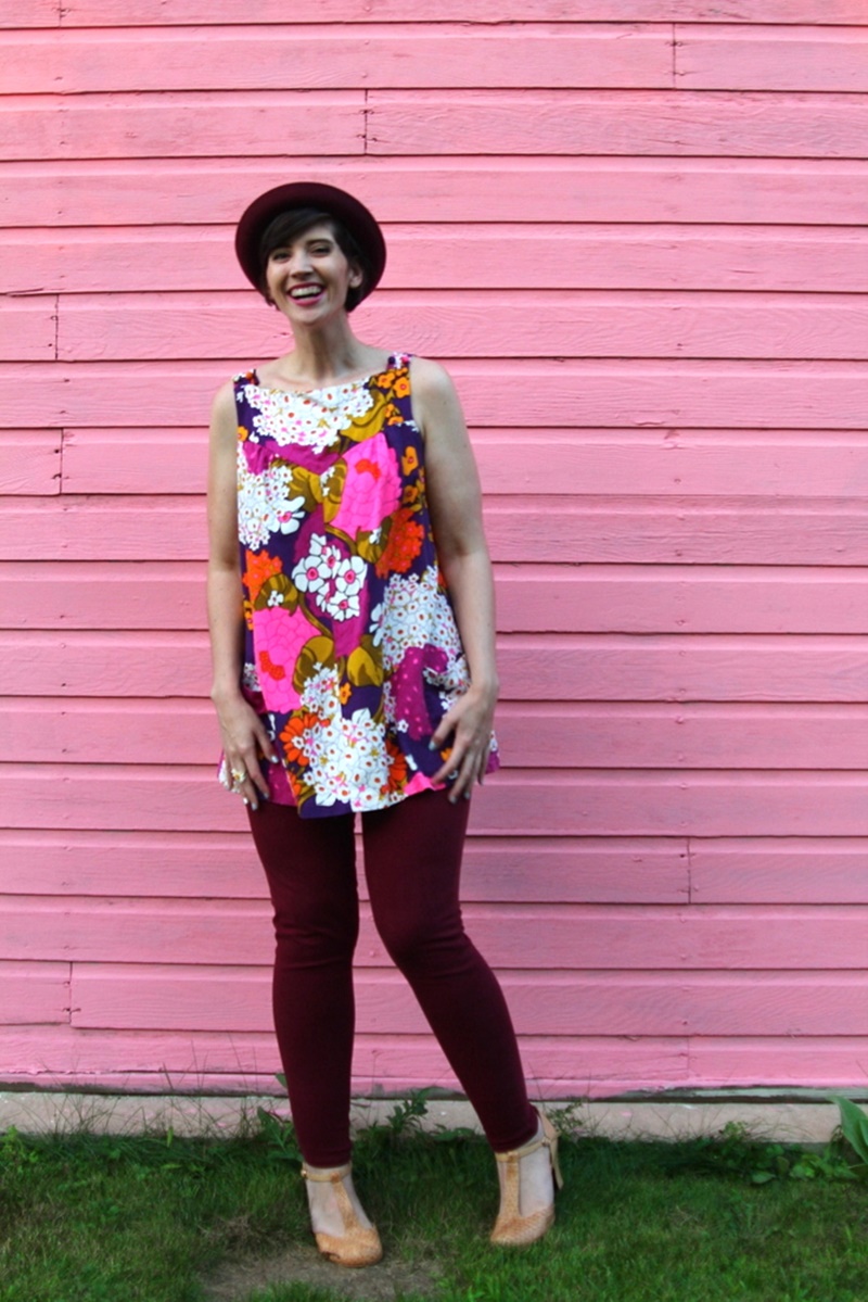 floral for fall outfit post vintage floral shift dress, maroon jeggings, purple bowler hat, nude t-strap high heels