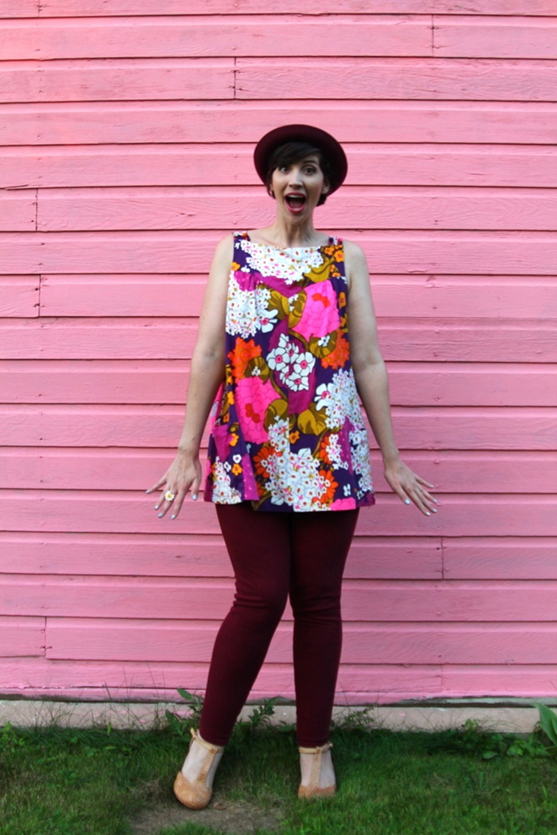 floral for fall outfit post vintage floral shift dress, maroon jeggings, purple bowler hat, nude t-strap high heels