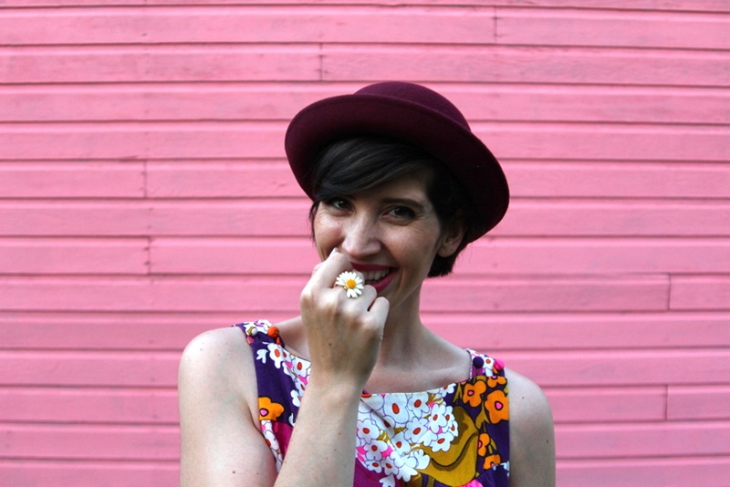 floral for fall outfit post vintage floral shift dress, maroon jeggings, purple bowler hat, nude t-strap high heels