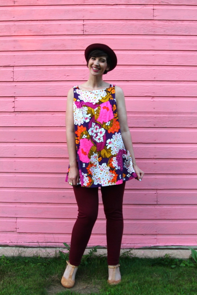 floral for fall outfit post vintage floral shift dress, maroon jeggings, purple bowler hat, nude t-strap high heels