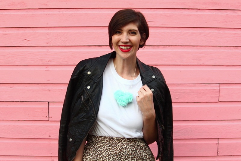 the outfit repeater, hannah rupp, thrifted outfit, leopard print skirt, white t-shirt, thredUP h&M moto jacket, small purse, Colourpop lippie stix bossy red lipstick