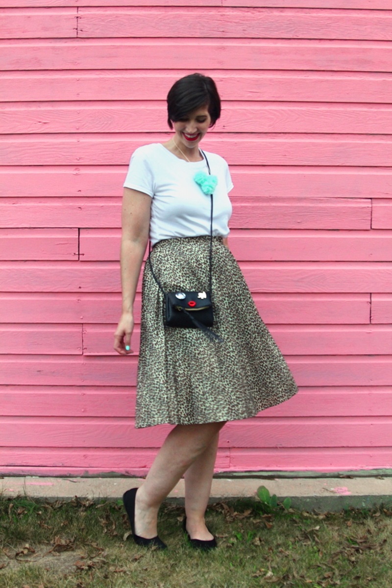 the outfit repeater, hannah rupp, thrifted outfit, leopard print skirt, white t-shirt, thredUP h&M moto jacket, small purse, Colourpop lippie stix bossy red lipstick