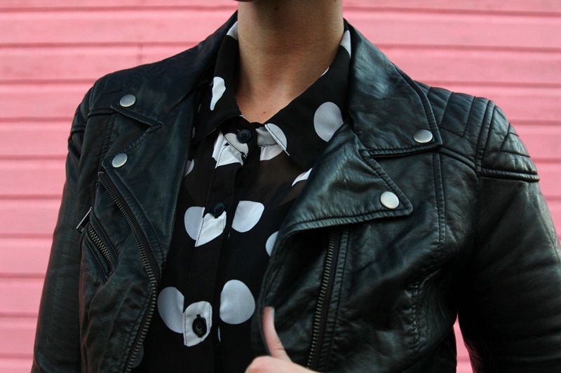 the outfit repeater hannah rupp, thrifted polka dot button up, thredUP red leopard print pants, H&M leather jacket, seven dials shoes black cutout booties, asos pork pie hat, colourpop lippie stix lbb