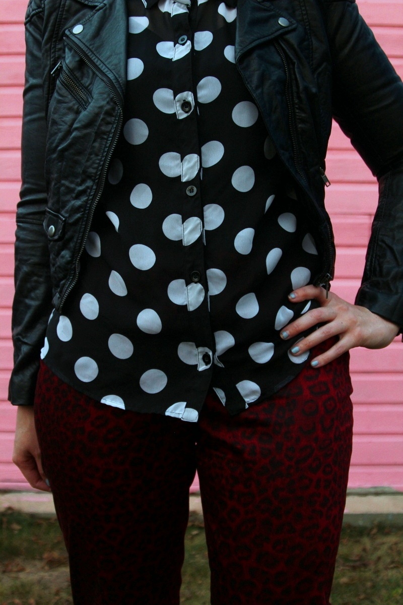 the outfit repeater hannah rupp, thrifted polka dot button up, thredUP red leopard print pants, H&M leather jacket, seven dials shoes black cutout booties, asos pork pie hat, colourpop lippie stix lbb