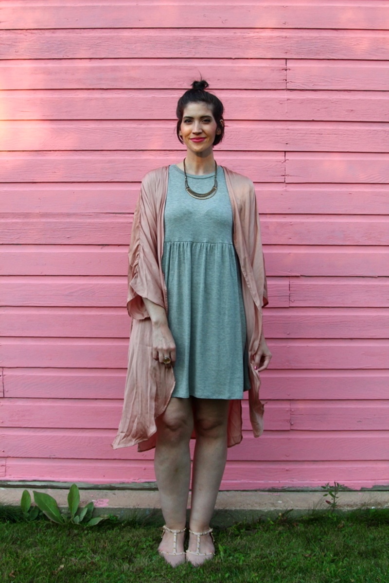 Tobi gray baby doll dress, embroidered pink kimono, nude studded flats secondhand clothes thredUP, Wet n Wild mauve lipstick, short hair pun, gold and silver jewelry, cocktail ring