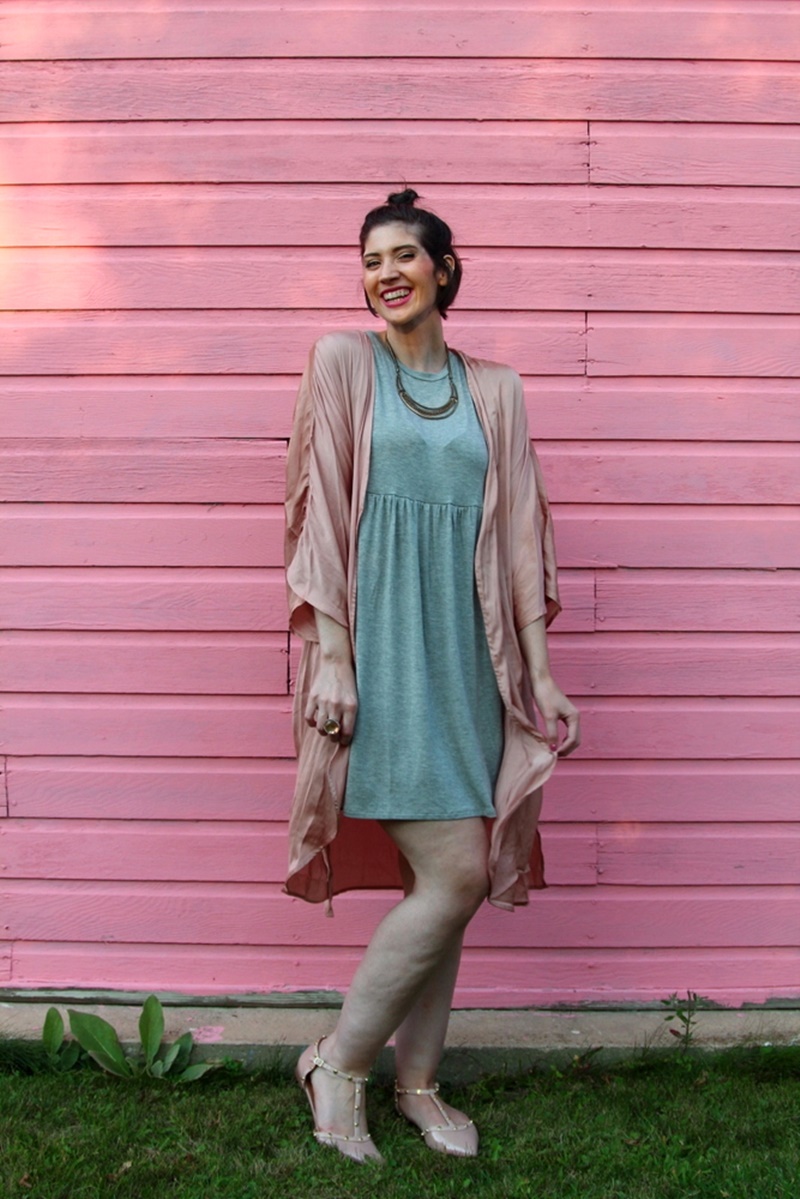 Tobi gray baby doll dress, embroidered pink kimono, nude studded flats secondhand clothes thredUP, Wet n Wild mauve lipstick, short hair pun, gold and silver jewelry, cocktail ring