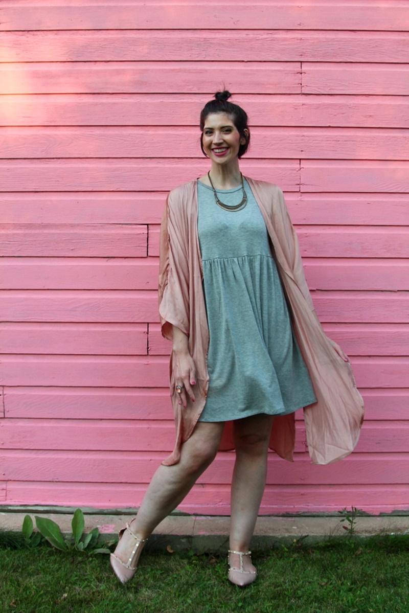 Tobi gray baby doll dress, embroidered pink kimono, nude studded flats secondhand clothes thredUP, Wet n Wild mauve lipstick, short hair pun, gold and silver jewelry, cocktail ring