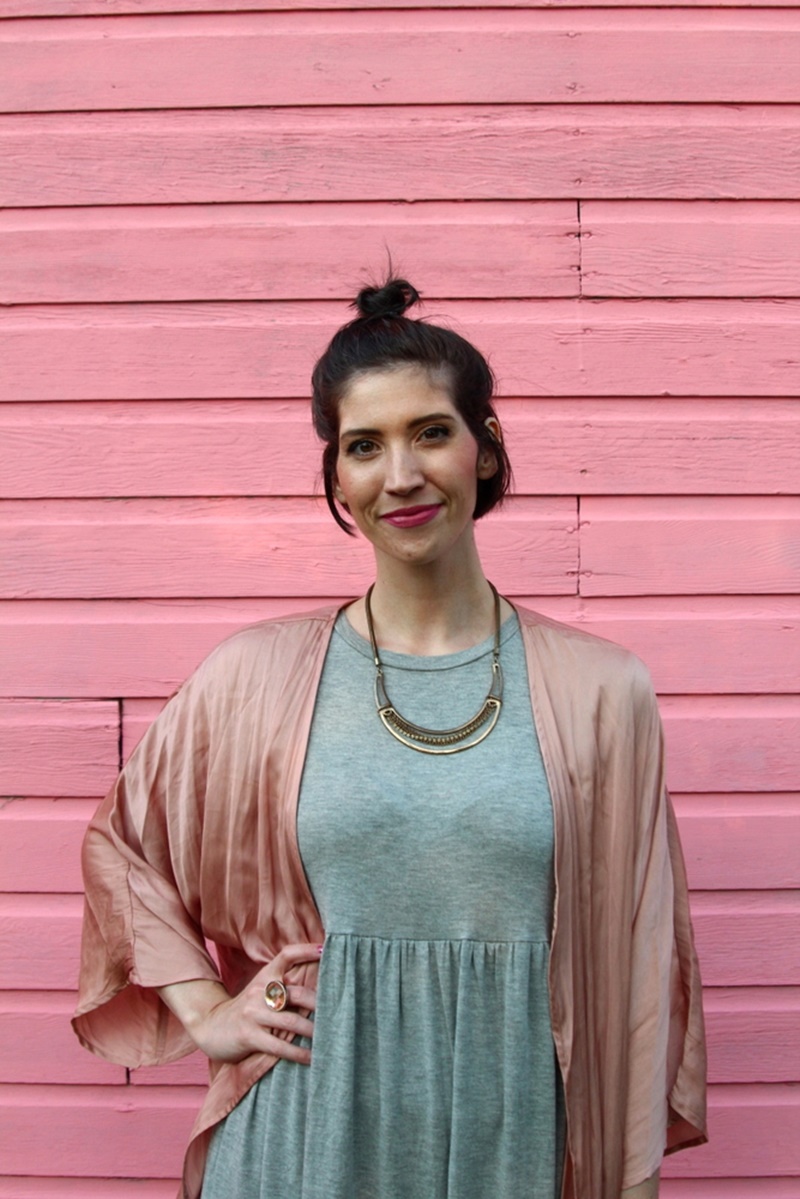 Tobi gray baby doll dress, embroidered pink kimono, nude studded flats secondhand clothes thredUP, Wet n Wild mauve lipstick, short hair pun, gold and silver jewelry, cocktail ring