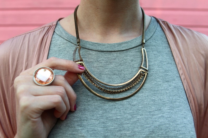Tobi gray baby doll dress, embroidered pink kimono, nude studded flats secondhand clothes thredUP, Wet n Wild mauve lipstick, short hair pun, gold and silver jewelry, cocktail ring