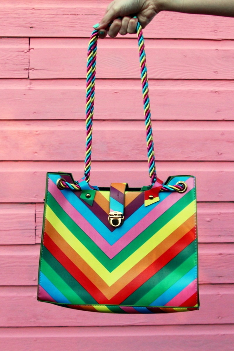 colorful outfit hannah rupp rainbow purse handbag thrifted secondhand shopping