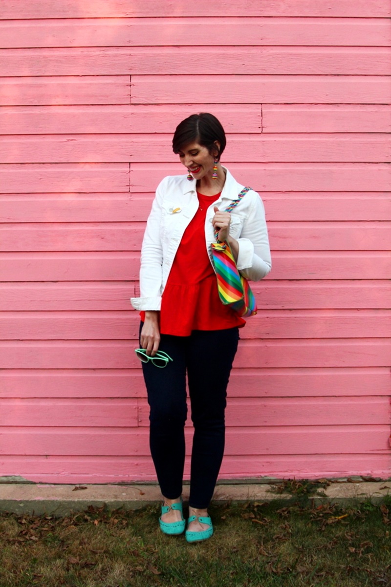 colorful outfit hannah rupp the outfit repeater pink wall rainbow purse handbag thrifted thredup white jacket skinny jeans red peplum top aqua turquoise sunglasses unique one of a kind personal style fashion