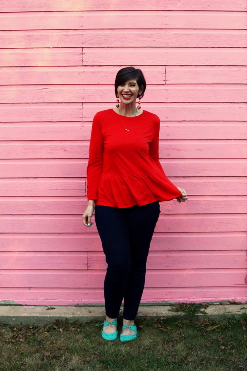 colorful outfit hannah rupp the outfit repeater pink wall rainbow purse handbag thrifted thredup white jacket skinny jeans red peplum top aqua turquoise sunglasses unique one of a kind personal style fashion