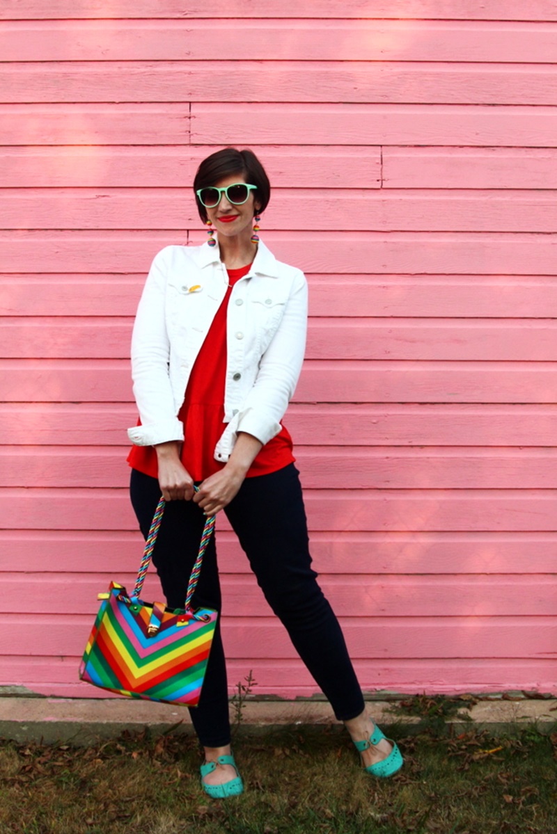 colorful outfit hannah rupp the outfit repeater pink wall rainbow purse handbag thrifted thredup white jacket skinny jeans red peplum top aqua turquoise sunglasses unique one of a kind personal style fashion