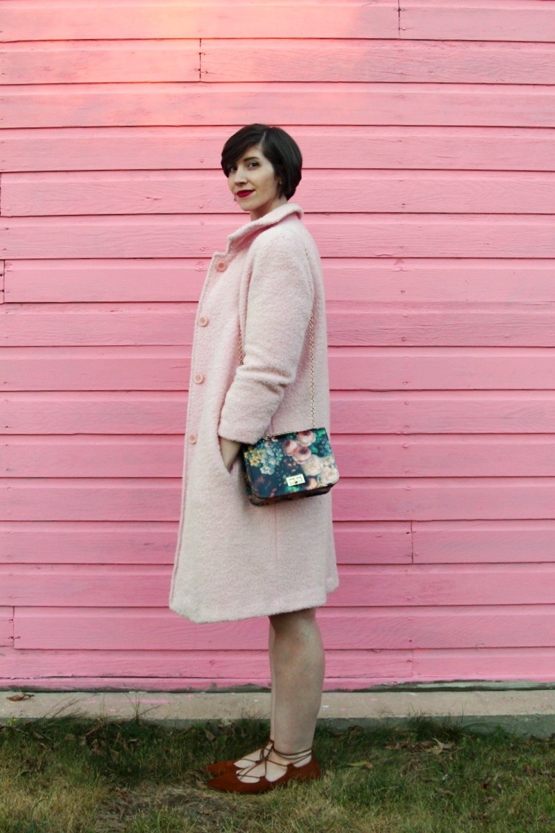 the outfit repeater hannah rupp vintage thrifted wearing pink for fall blush coat olive green sweater dress tan lace up flats Colourpop lipstick