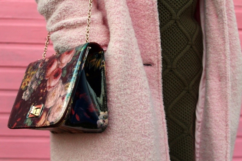 the outfit repeater hannah rupp vintage thrifted wearing pink for fall blush coat olive green sweater dress tan lace up flats Colourpop lipstick