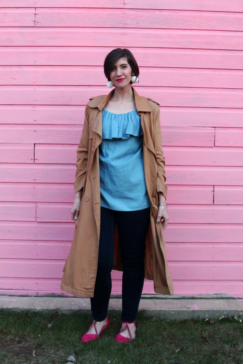 the outfit repeater hannah rupp double denim chambray blouse dark wash skinny jeans pink flats fuchsia lipstick who what wear trench coat target thrifted women's affordable style budget friendly 