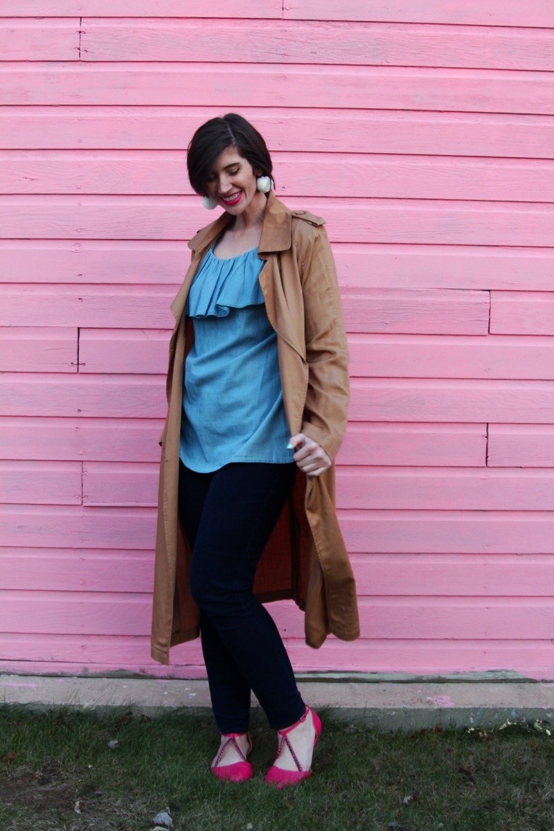 the outfit repeater hannah rupp double denim chambray blouse dark wash skinny jeans pink flats fuchsia lipstick who what wear trench coat target thrifted women's affordable style budget friendly 