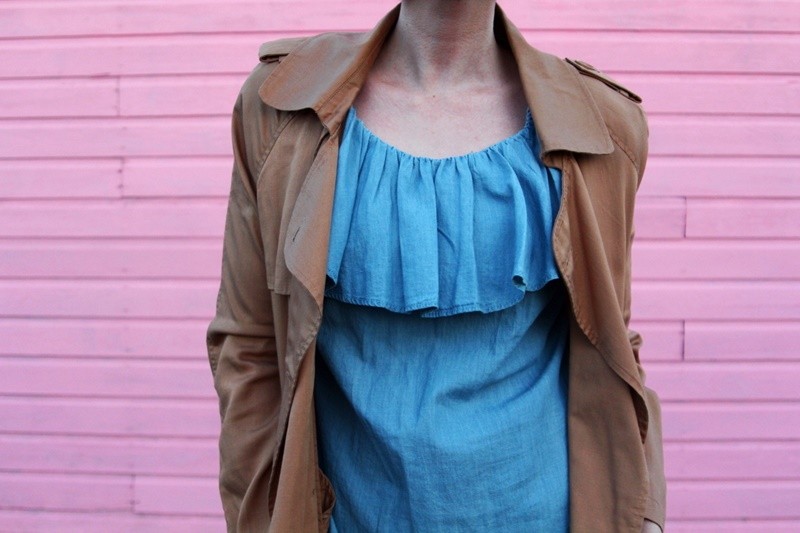 the outfit repeater hannah rupp double denim chambray blouse dark wash skinny jeans pink flats fuchsia lipstick who what wear trench coat target thrifted women's affordable style budget friendly 