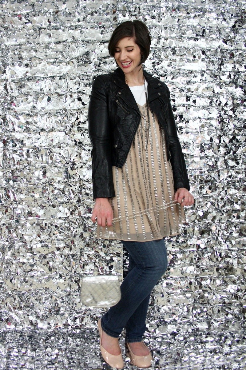 the outfit repeater hannah rupp dress over pants sequin dress day to night holiday new years eve moto jacket thrifted style