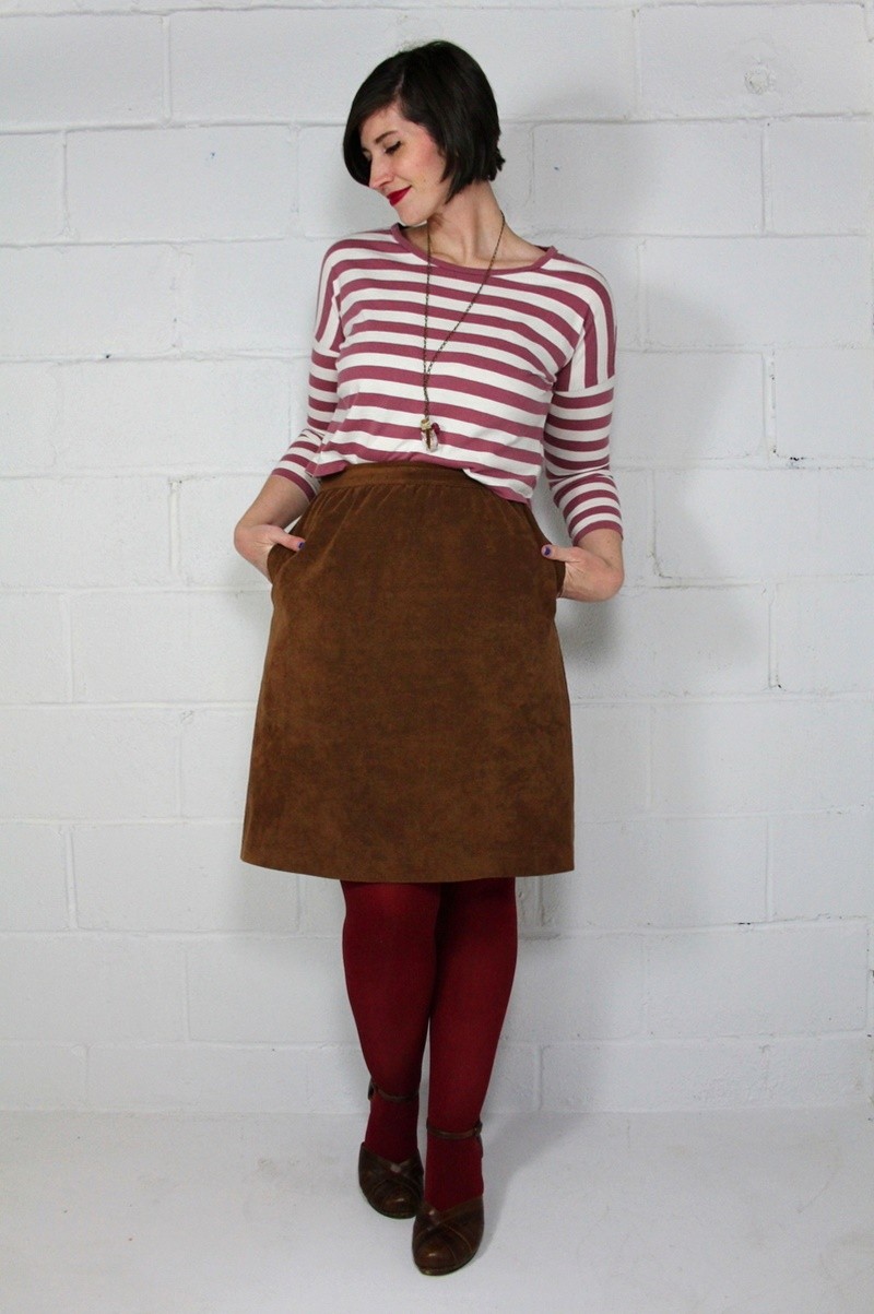 Crushing On Crimson: What To Wear With This Bold Color | theoutfitrepeater.com the outfit repeater hannah rupp thrifted all red outfit striped crop top suede skirt tights winter