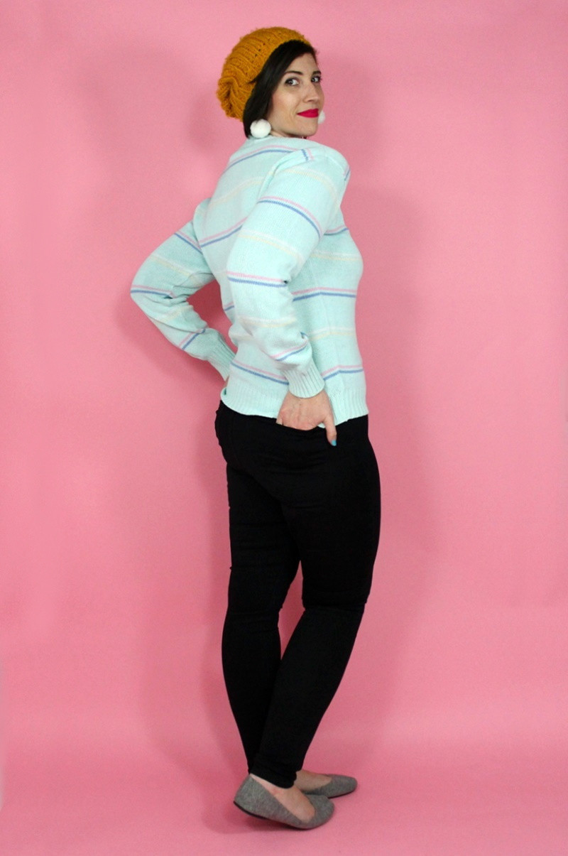 hannah rupp the outfit repeater winter wardrobe capsule challenge vintage sweater jeans yellow hat pink coat