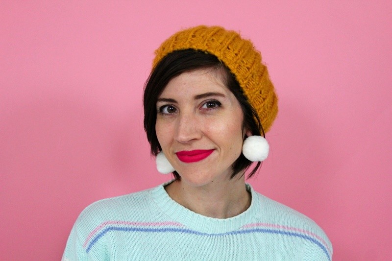 hannah rupp the outfit repeater winter wardrobe capsule challenge vintage sweater jeans yellow hat pink coat