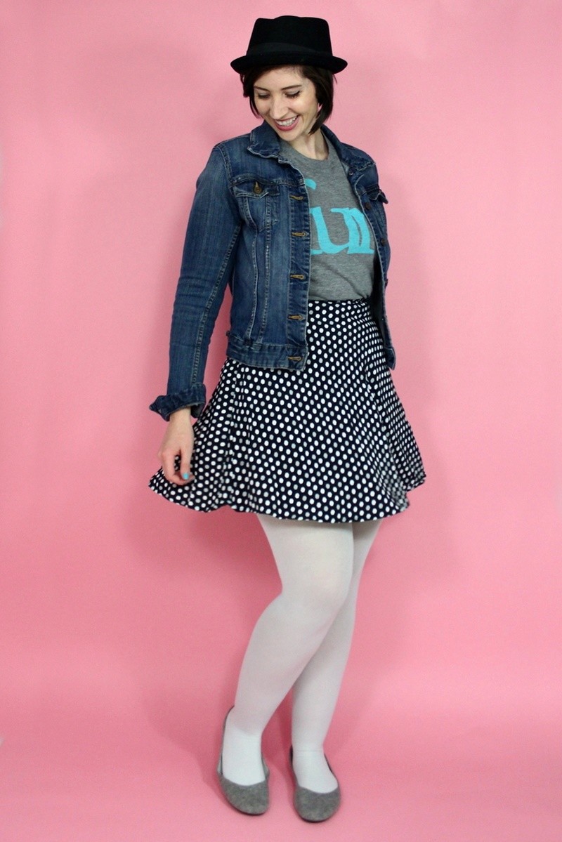 the outfit repeater hannah rupp winter capsule wardrobe challenge fun tee denim jacket rocker vintage thrifted 80s