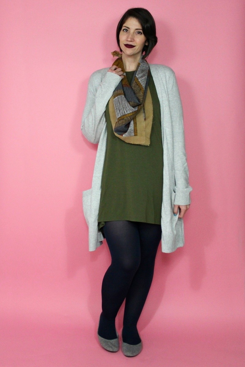 hannah rupp the outfit repeater capsule wardrobe challenge cool cardigan tobi long tall sally blue tights vintage scarf