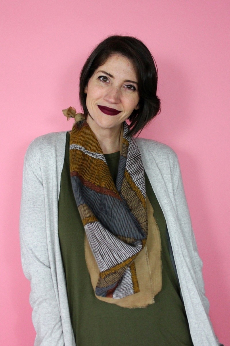 hannah rupp the outfit repeater capsule wardrobe challenge cool cardigan tobi long tall sally blue tights vintage scarf dark colourpop lipstick