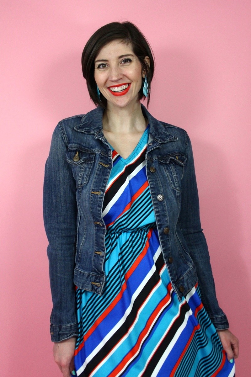 the outfit repeater hannah rupp family brother thrifting challenge striped dress we love colors tights spring fashion