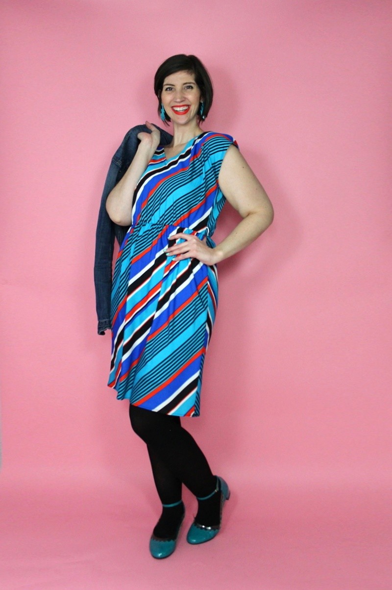 the outfit repeater hannah rupp family brother thrifting challenge striped dress we love colors tights spring fashion