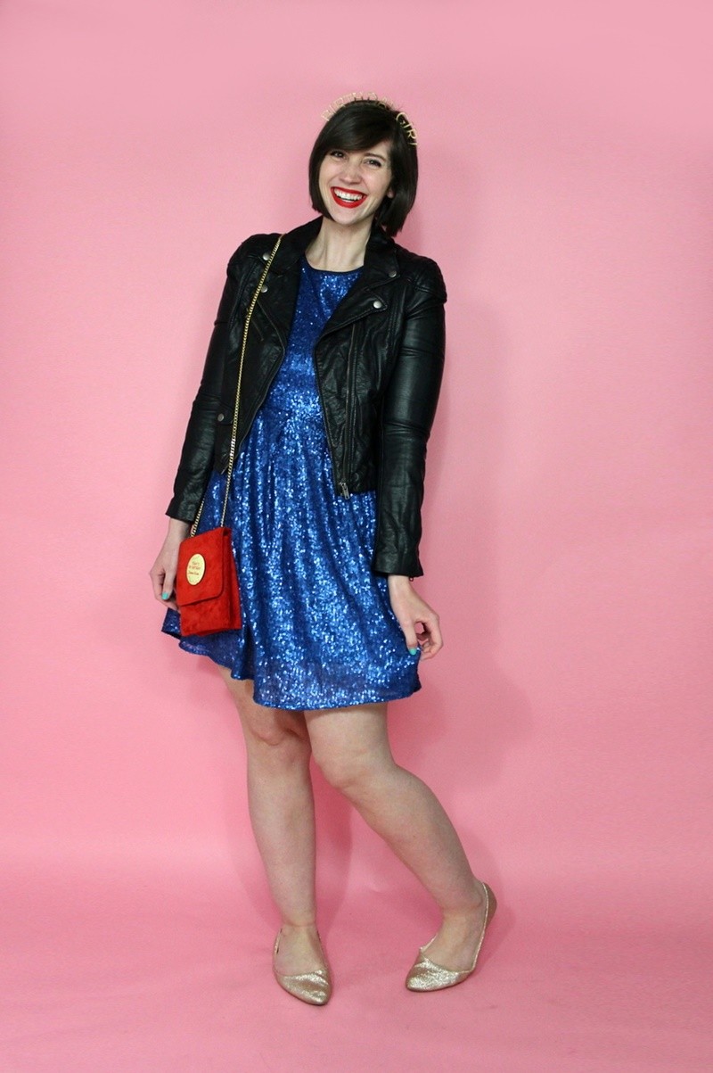 hannah rupp the outfit repeater birthday outfit thrifted sequin dress moto jacket crown