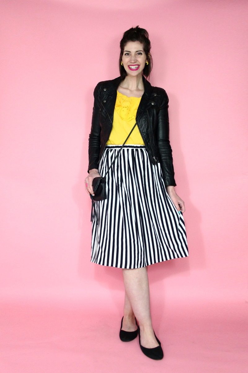 Back In A Striped Skirt Outfit | theoutfitrepeater.com Vintage striped skirt, yellow blouse, moto jacket, black flats, Colourpop lippie stix, small thrifted purse