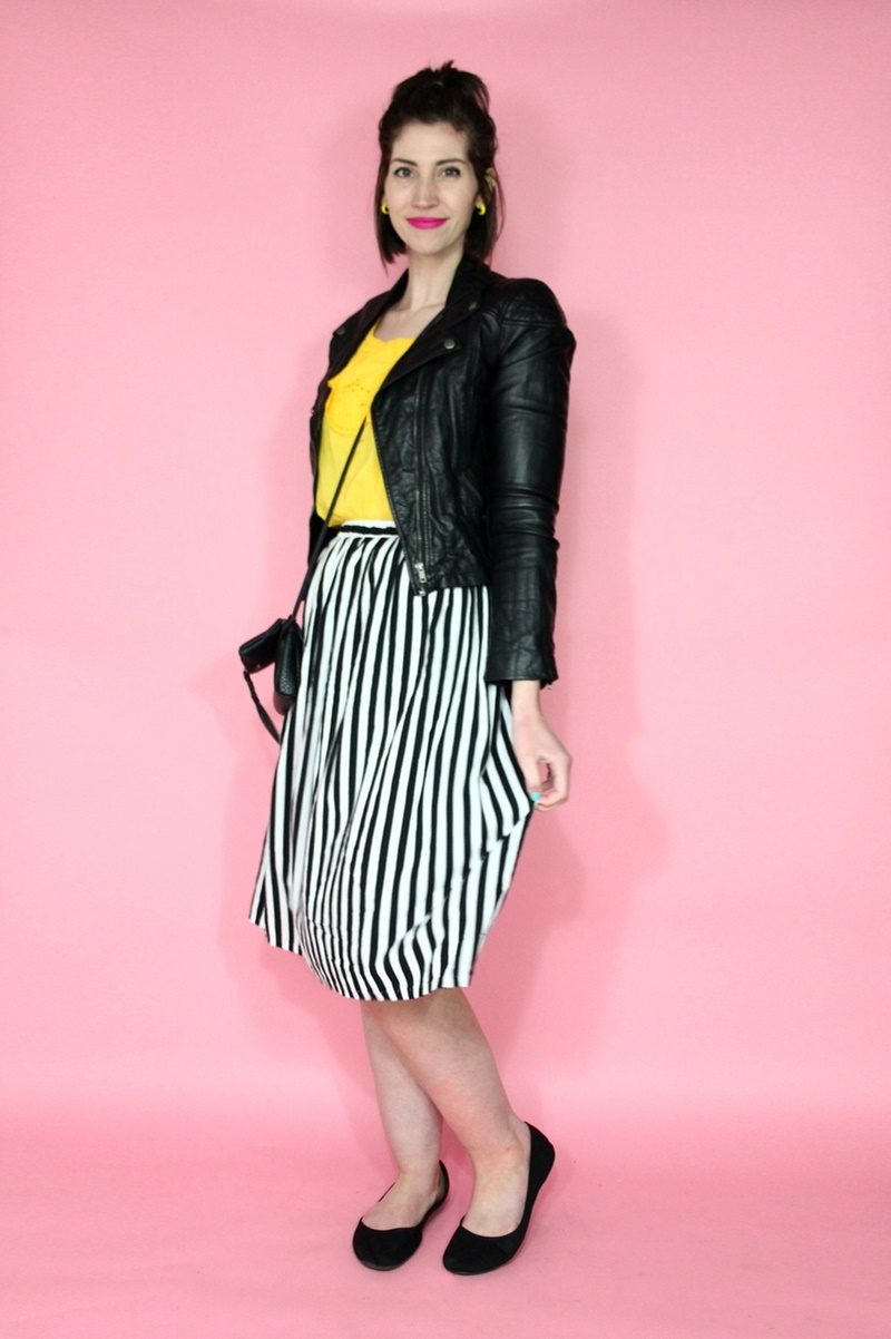 Vintage striped skirt, yellow blouse, moto jacket, black flats, Colourpop lippie stix, small thrifted purse 