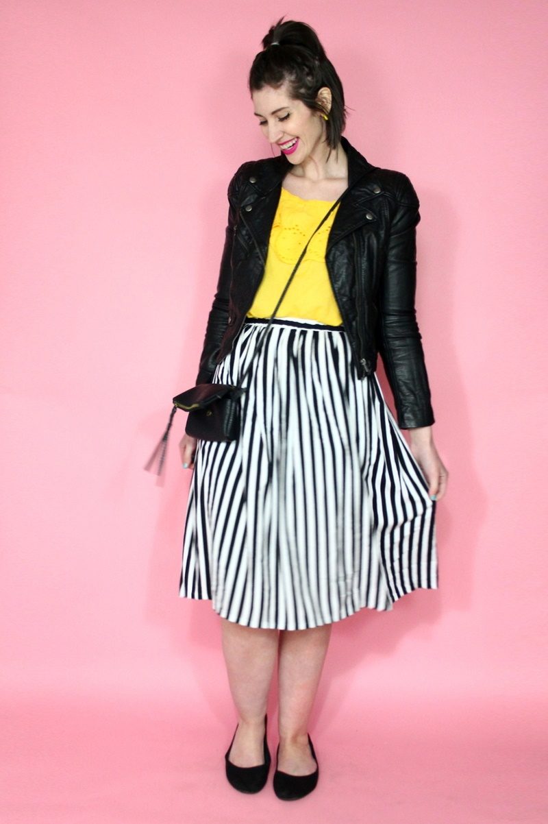 Back In A Striped Skirt Outfit | theoutfitrepeater.com Vintage striped skirt, yellow blouse, moto jacket, black flats, Colourpop lippie stix, small thrifted purse
