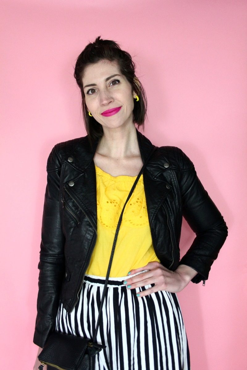 Vintage striped skirt, yellow blouse, moto jacket, black flats, Colourpop lippie stix, small thrifted purse 