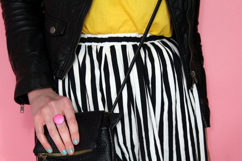 Back In A Striped Skirt Outfit | theoutfitrepeater.com Vintage striped skirt, yellow blouse, moto jacket, black flats, Colourpop lippie stix, small thrifted purse