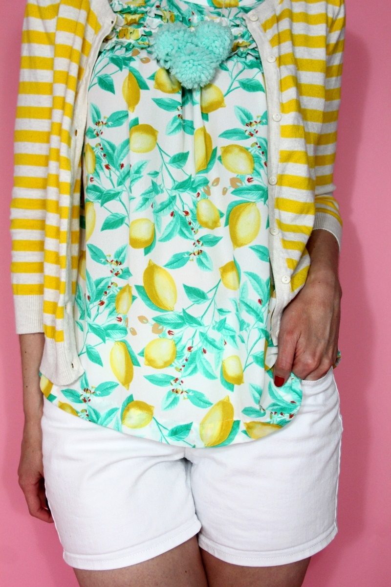 hannah rupp the outfit repeater lemon print blouse white denim short summer outfit