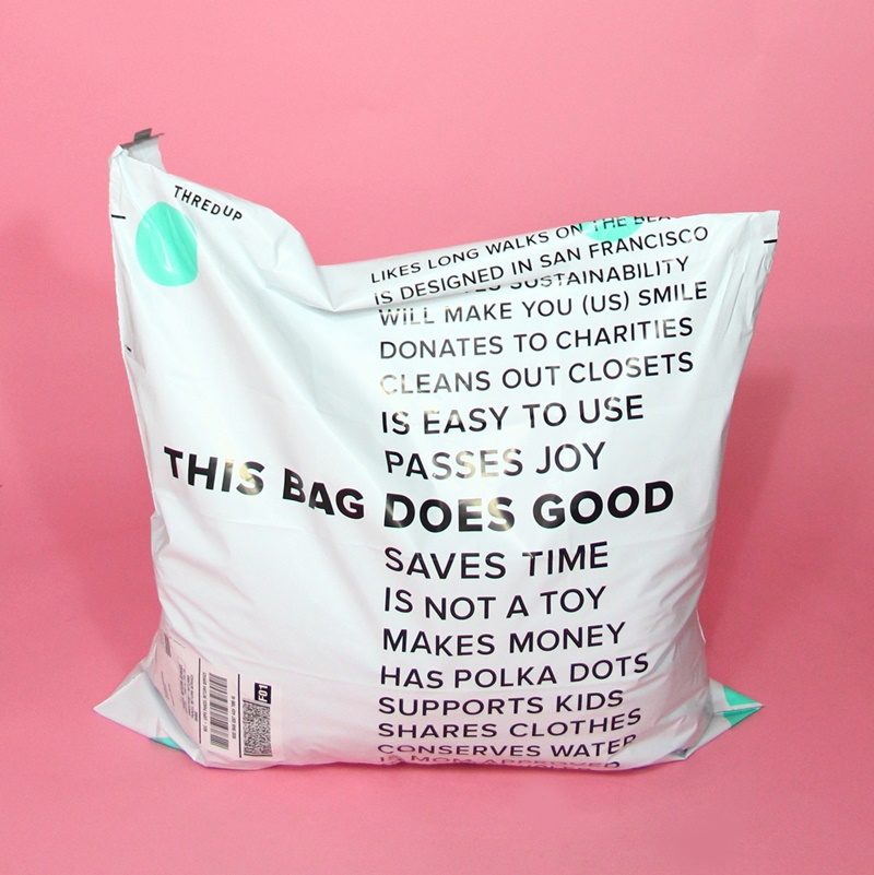 an oversized thredUP Clean Out Kit bag against a pink background