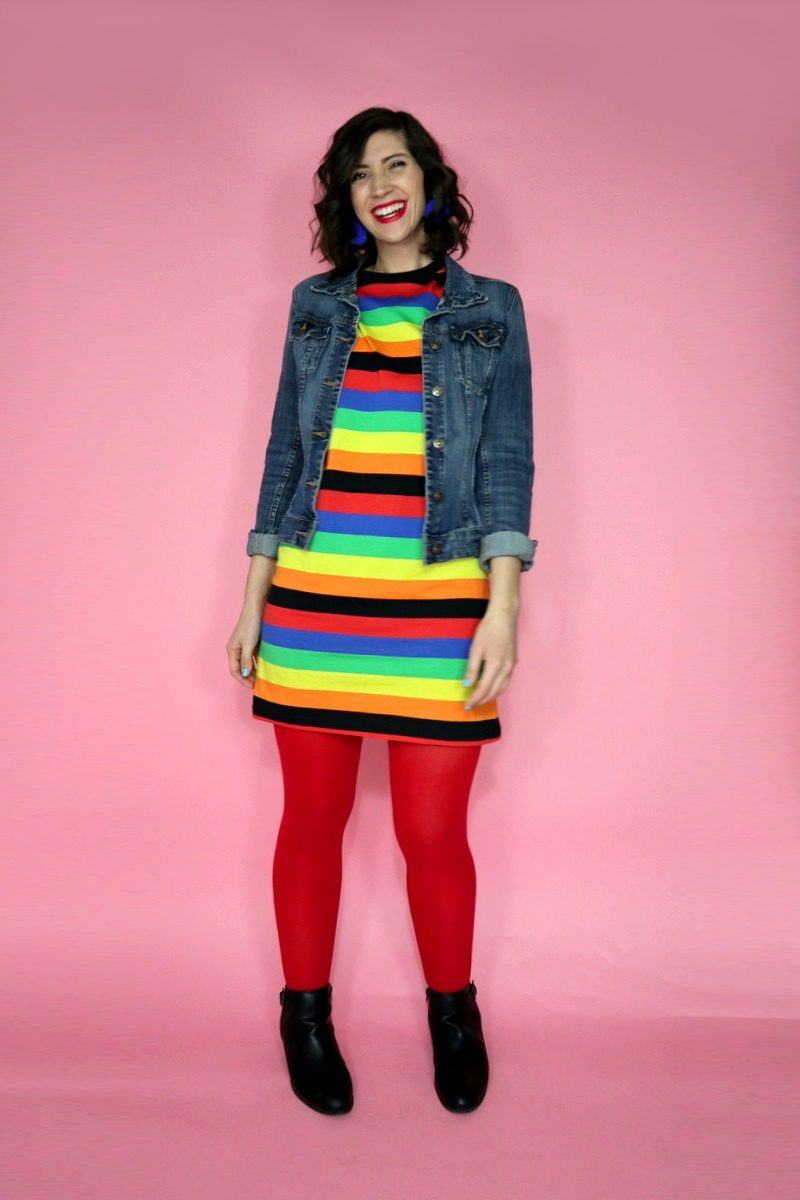 rainbow color outfit asos tshirt dress denim jacket red tights hannah rupp