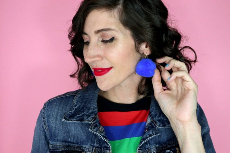 rainbow color outfit asos tshirt dress denim jacket red tights hannah rupp