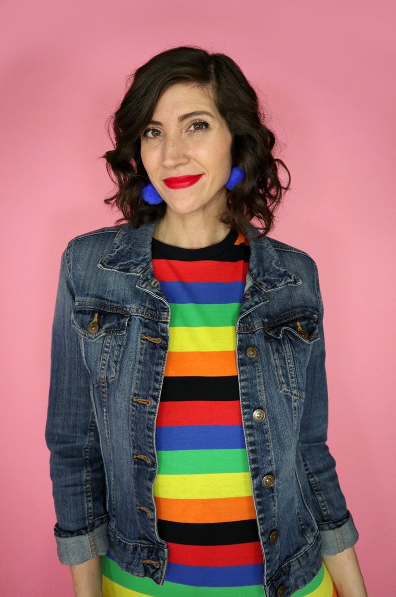 rainbow color outfit asos tshirt dress denim jacket red tights hannah rupp
